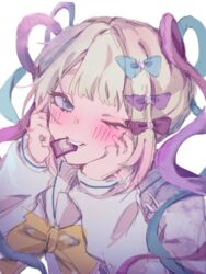  blonde_hair blue_bow blue_eyes blue_hair blue_shirt blush bow chouzetsusaikawa_tenshi-chan female hairbow highres long_hair long_sleeves looking_at_viewer lsd mouth_hold multicolored_hair needy_girl_overdose one_eye_closed open_mouth pink_bow pink_hair purple_bow quad_tails sailor_collar school_uniform serafuku shirt simple_background solo twintails very_long_hair white_background wumingshi69532 yellow_bow 