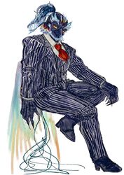  anthro avian beard bird clothing facial_hair feathers footwear galliform hair haretoke315 hi_res lifewonders male multicolored_body multicolored_feathers necktie peacock_feather peafowl phasianid pinstripe_suit ponytail rainbow_body rainbow_feathers shoes sideburns simurgh_(tas) solo talon_hands tokyo_afterschool_summoners wings yellow_eyes 