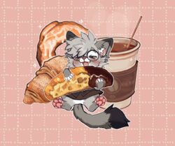  &gt;_&lt; anthro beverage biscotti_(food) blush bottomwear bread chibi closed_eyes clothed clothing coffee coffee_cup container croissant cup dessert digital_media_(artwork) dipstick_ears dipstick_fingers dipstick_tail domestic_cat doughnut ear_markings egyptian_mau eyewear felid feline felis food frosting fur glasses grey_body hair happy holding_food holding_object male mammal markings multicolored_body multicolored_ears multicolored_tail narrowed_eyes nixuelle open_mouth pastry pawpads simple_background size_difference skirt smaller_male smile solo squint swigmama tail tail_markings teeth whiskers 