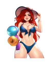  alternate_costume artist_name bare_shoulders bikini black_hair blurry blurry_background blushyspicy bracelet breasts cleavage commentary cowboy_shot dated earrings eyepatch female green_eyes hat holding holding_water_gun hoop_earrings jewelry large_breasts league_of_legends long_hair looking_at_viewer miss_fortune_(league_of_legends) nail_polish navel parted_lips pool_party_(league_of_legends) pool_party_miss_fortune red_bikini red_hair red_nails shiny_skin smile solo swimsuit water_gun wet 