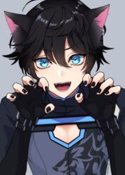  1boy animal_ears axia_krone black_hair black_nails blue_eyes cat_ears claw_pose fingerless_gloves gloves highres ioriso male_focus nijisanji open_mouth virtual_youtuber 