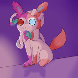  1:1 absurd_res ambiguous_gender anthro blue_inner_ear eeveelution feral fur generation_6_pokemon hair hi_res looking_at_another multicolored_eyes nameigo nintendo pink_ears pink_hair pokemon pokemon_(species) red_eyes smile smiling_at_viewer solo sylveon two_tone_eyes white_eyes 