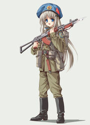  absurdres ak-74 aks-74 assault_rifle backpack bag bat_hair_ornament bayonet belt_buckle beret blue_eyes blush boots buckle female full_body grey_hair gun hair_ornament happy hat highres kalashnikov_rifle little_busters! load_bearing_equipment long_hair longmei_er_de_tuzi looking_at_viewer military military_uniform noumi_kudryavka open_mouth paratrooper patch rifle shadow simple_background soldier solo soviet uniform vdv weapon 