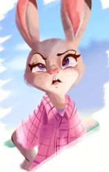  2021 anthro buckteeth clothed clothing conditional_dnp cross-eyed dipstick_ears disney ear_markings female fur grey_body grey_fur hi_res imminent_sneeze judy_hopps lagomorph leporid looking_at_viewer mammal multicolored_ears open_mouth pink_nose rabbit shirt solo teeth tohupo topwear zootopia 