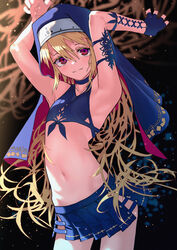  absurdres arm_strap armpits arms_up bikini bikini_top_only blonde_hair blue_bikini blue_choker blue_gloves blue_skirt blush choker closed_mouth commentary_request contrapposto cowboy_shot dark_background female fingerless_gloves flat_chest gloves highres kesuno long_hair looking_at_viewer miniskirt navel original pleated_skirt red_eyes single_fingerless_glove single_glove skirt smile solo stomach swimsuit veil very_long_hair 