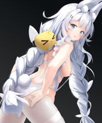  :o absurdres animal_ear_fluff animal_ears ass azur_lane back backless_leotard bare_arms bare_shoulders blue_eyes braid breasts cowboy_shot female from_behind hair_ornament hairclip haruka_poi highres le_malin_(azur_lane) le_malin_(listless_lapin)_(azur_lane) leotard long_hair looking_at_viewer looking_back manjuu_(azur_lane) medium_breasts open_mouth pantyhose rabbit_ears rabbit_tail revealing_clothes skindentation solo standing tail twin_braids twintails very_long_hair white_hair white_leotard white_pantyhose 