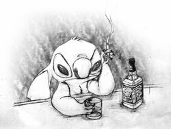  2010 4_fingers alcohol alien beverage chest_tuft cigarette claws counter dcpip disney ears_down experiment_(lilo_and_stitch) fingers fur graphite_(artwork) greyscale head_tuft jack_daniel&#039;s lilo_and_stitch male monochrome notched_ear pencil_(artwork) pivoted_ears semi-anthro solo stitch_(lilo_and_stitch) traditional_media_(artwork) tuft 