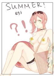  !? absurdres bag blush breasts censored censored_nipples character_name choker cleavage eyewear_on_head female girls&#039;_frontline green_eyes hair_between_eyes highres long_hair looking_at_viewer no_bra nude pepper_cyanide pink_hair r93_(girls&#039;_frontline) r93_(holiday_lucky_star)_(girls&#039;_frontline) small_breasts solo summer sweat sweatdrop white_background 