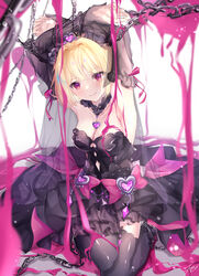  #compass absurdres arms_up black_choker black_dress black_thighhighs blonde_hair blush bow breasts choker cleavage collarbone detached_sleeves dress female hair_between_eyes hair_intakes highres layered_dress long_sleeves looking_at_viewer medium_breasts medium_hair parted_lips pink_bow pink_eyes ren_(renjiyu) ruruka_(#compass) see-through see-through_sleeves short_dress sitting solo strapless strapless_dress thighhighs zettai_ryouiki 