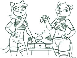  a_kitty_bobo_show anthro bottomwear clothed clothing controller crossover digital_drawing_(artwork) digital_media_(artwork) domestic_cat duo electronics father_of_the_pride felid feline felis female game_console game_controller hair hand_on_hip hi_res holding_object lion maggie_(kitty_bobo) mammal microsoft midriff monochrome pantherine pupils redout shorts sierra_(father_of_the_pride) slit_pupils thick_thighs wide_hips xbox xbox_console xbox_game_studios 