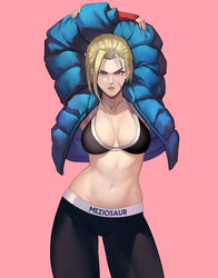  adapted_costume arms_behind_head artist_name black_sports_bra blonde_hair blue_coat blue_eyes breasts cammy_white coat english_commentary female fingerless_gloves gloves lips long_bangs looking_at_viewer medium_breasts meziosaur pink_background puffy_coat red_gloves short_hair solo spandex sports_bra street_fighter street_fighter_6 underwear_writing upper_body v-shaped_eyebrows 