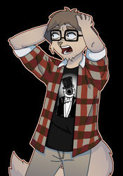  alex_eggleston anthro apollo_caelum_(artist) black_background bottomwear brown_body brown_fur brown_hair clothing confused_screaming confusion domestic_cat eyewear felid feline felis fur glasses hair hi_res male mammal meme open_mouth panicking pants shirt simple_background solo t-shirt tail topwear yiik:_a_postmodern_rpg yiiking_out_(meme) 