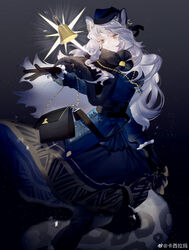  absurdres animal_ear_fluff animal_ears arknights bag bell black_gloves female gloves hat highres leopard_ears leopard_tail long_hair long_skirt looking_at_viewer official_alternate_costume pramanix_(arknights) pramanix_(caster&#039;s_frost)_(arknights) shoulder_bag shuiyaoximushi skirt smile solo tail white_hair yellow_eyes 