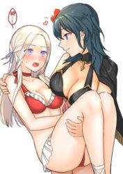  2girls ass bare_legs bare_shoulders bikini black_bikini black_cape blue_eyes blue_hair blush breasts byleth_(female)_(fire_emblem) byleth_(female)_(summer)_(fire_emblem) byleth_(fire_emblem) cape carrying cleavage closed_mouth collarbone commentary_request edelgard_von_hresvelg feet_out_of_frame fire_emblem fire_emblem:_three_houses flower forehead frilled_bikini frills fukuroumori grey_hair hair_flower hair_ornament hair_ribbon heart hibiscus highres large_breasts long_hair medium_breasts multiple_girls nose_blush official_alternate_costume open_mouth parted_bangs princess_carry profile purple_eyes purple_ribbon red_bikini red_flower ribbon simple_background smile swimsuit tassel white_background yuri 