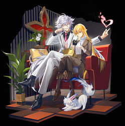  1boy absurdres blonde_hair breasts closed_eyes coffee_mug commentary couch cup earrings fate/grand_order fate_(series) female flower formal fou_(fate) full_body gem genderswap_(mtf) gilgamesh_(caster)_(fate) gilgamesh_(fate) hair_between_eyes heart high_heels highres holding holding_cup holding_stylus jacket jewelry k7_(kk7_000) long_hair long_skirt long_sleeves magic medium_breasts merlin_(fate) mug necktie open_mouth pants pillow plant red_eyes rose rule_63 sitting skirt stylus suit sweater symbol-only_commentary tablet_pc tongue very_long_hair white_flower white_hair white_rose 