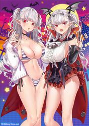  2girls 504_gateway :o bikini breasts cape cardigan choker cleavage cross cross_earrings detached_sleeves draculina_(last_origin) dual_persona earrings fake_horns highres horns jewelry large_breasts last_origin legs long_hair looking_at_viewer multiple_girls navel no_bra oerba_yun_fang open_mouth panties pointy_ears red_eyes short_twintails side-tie_bikini_bottom striped_bikini striped_clothes swimsuit twintails underwear vampire very_long_hair wing_hair_ornament 