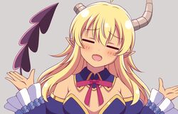  ahoge bad_id bad_twitter_id bare_shoulders blonde_hair blue_sleeves blush breasts broken_horn closed_eyes commentary_request crisis_management_form_(machimazo) demon_girl demon_horns demon_tail detached_collar detached_sleeves facing_viewer female frilled_sleeves frills grey_background hair_between_eyes hands_up highres horns lilith_(machikado_mazoku) long_hair long_sleeves machikado_mazoku neck_ribbon oerba_yun_fang open_mouth pointy_ears red_ribbon ribbon simple_background skin_fang solo tail tail_raised upper_body very_long_hair zeta_(24904340) 