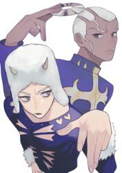  2boys absurdres black_eyes blue_eyes cassock cd clothing_cutout dark-skinned_male dark_skin enrico_pucci highres holding_cd horned_hat jojo_no_kimyou_na_bouken male_focus multiple_boys pointing stone_ocean weather_report white_hair yashio_kurenai 