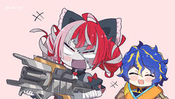  +++ 1boy apex_legends astel_leda bandaged_arm bandages blue_hair blush_stickers bow charge_rifle chibi closed_eyes double_bun empty_eyes female gun hair_bun hairbow highres holding holding_gun holding_weapon hololive hololive_indonesia holostars kukie-nyan kureiji_ollie kureiji_ollie_(1st_costume) multicolored_hair patchwork_skin pink_background pink_hair puffy_short_sleeves puffy_sleeves red_hair short_hair short_sleeves simple_background streaked_hair twitter_username virtual_youtuber weapon zombie 