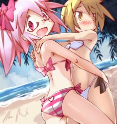  2girls absurdres arm_on_another&#039;s_shoulder artist_name ass beach bikini blonde_hair blush crossover day glass highres ichii_yui kaname_madoka legs looking_at_viewer mahou_shoujo_madoka_magica mahou_shoujo_madoka_magica_(anime) majormilk multiple_girls ocean open_mouth outdoors pink_eyes pink_hair swimsuit thighs waves white_bikini yellow_eyes yuyushiki 