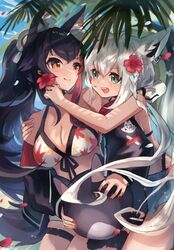  2girls ahoge animal_ear_fluff animal_ears azur_lane bikini black_hair black_jacket blue_nails blush braid breasts cleavage commentary_request earrings flower fox_ears fox_girl fox_tail green_eyes hair_between_eyes hair_flower hair_ornament hand_on_another&#039;s_shoulder harukayu_yu highres holding hololive jacket jewelry long_hair looking_at_another medium_breasts miochun multiple_girls ookami_mio ookami_mio_(hololive_summer_2019) open_clothes open_jacket open_mouth outdoors palm_tree petals red_hair red_nails shirakami_fubuki shirakami_fubuki_(beachside_fox) sidelocks single_braid smile swimsuit tail tail_around_own_leg tree virtual_youtuber white_bikini white_hair wolf_ears wolf_girl wolf_tail yellow_eyes 