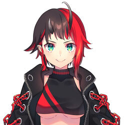  black_hair black_jacket black_sports_bra blue_eyes breasts chains closed_mouth commentary_request demon_girl demon_horns ear_chain ear_piercing female horns jacket kusumoto_shizuru large_breasts looking_at_viewer multicolored_hair nanashi_inc. oerba_yun_fang open_clothes open_jacket piercing pointy_ears red_hair ryugasaki_rene ryugasaki_rene_(1st_costume) short_hair simple_background smile solo sports_bra sugar_lyric two-tone_hair two-tone_sports_bra underbite underboob upper_body virtual_youtuber white_background 