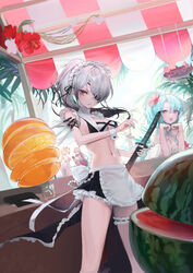  4girls absurdres akashic_chronicle apron back_bow bikini black_bikini black_skirt blonde_hair blue_hair blush bow breasts bridal_garter cleavage closed_mouth dagger eyepatch food fruit gradient_hair grey_hair highres holding holding_sword holding_weapon katana knife looking_at_viewer maid maid_apron maid_bikini medium_breasts miniskirt multicolored_hair multiple_girls navel one_eye_covered oyabuli ponytail purple_eyes red_eyes scabbard sheath sheathed_cut skirt smile solo_focus swimsuit sword tree unconventional_maid waist_apron watermelon weapon white_apron 