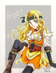  artist_name blonde_hair breasts brigid_(fire_emblem) brigid_(pirate)_(fire_emblem) character_name cleavage corset dated female fire_emblem fire_emblem:_genealogy_of_the_holy_war fire_emblem_heroes green_headband headband highres kaura leg_up looking_to_the_side medium_breasts solo yellow_eyes 