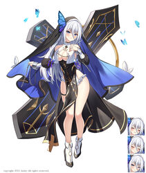  bare_legs bare_shoulders black_dress black_footwear blue_eyes breast_curtains breasts chains cleavage closed_mouth commentary copyright_request cross cuffs detached_sleeves dress expressions female frilled_dress frills full_body habit hair_between_eyes hand_up high_heels highres kotomaru_(sirouko9511) large_breasts large_cross long_dress long_hair long_sleeves looking_at_viewer mole mole_under_eye no_bra nun pelvic_curtain puffy_sleeves revealing_clothes smile socks solo symbol-only_commentary thigh_strap thighs veil white_hair white_socks 