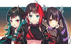  3girls belt belt_bra black_hair black_jacket black_sports_bra blue_belt blue_eyes blue_hair blunt_bangs breasts chains chest_belt cleavage closed_mouth clothing_cutout cross-laced_clothes cross-laced_sleeves demon_girl demon_horns ear_chain ear_piercing heart highres horns jacket kojo_anna kojo_anna_(1st_costume) kusumoto_shizuru large_breasts long_hair long_sleeves looking_at_viewer medium_breasts multicolored_hair multiple_girls nanashi_inc. oerba_yun_fang off_shoulder open_clothes open_jacket piercing pointy_ears purple_hair red_eyes red_hair ryugasaki_rene ryugasaki_rene_(1st_costume) see-through see-through_cleavage shishio_chris shishio_chris_(1st_costume) short_hair shoulder_cutout small_breasts smile sports_bra sugar_lyric tongue tongue_out twintails two-tone_hair two-tone_sports_bra underbite underboob upper_body virtual_youtuber yellow_eyes 