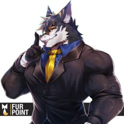  1:1 alpha_channel anthro big_muscles black_body black_fur black_hair blonde_hair blue_clothing blue_shirt blue_topwear booboo34 clothing fur furpoint gloves hair handwear hi_res male muscular muscular_anthro muscular_male necktie shirt solo topwear vortiganshine white_body yellow_eyes yellow_necktie 