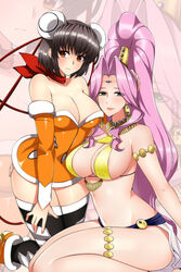  2girls arm_at_side armlet bad_id bad_pixiv_id bare_shoulders black_hair black_thighhighs breasts bun_cover circlet cleavage commission crossover double_bun dress earrings eliza_mayfield gensou_suikoden gensou_suikoden_v green_eyes growlanser growlanser_iv hair_bun hand_on_another&#039;s_thigh high_ponytail jeane_(suikoden) jewelry kneeling large_breasts lindaroze lipstick long_hair looking_at_viewer makeup multiple_girls navel necklace orange_dress orange_eyes orange_footwear parted_bangs pink_hair red_ribbon red_scarf revealing_clothes ribbon scarf shiny_clothes shiny_skin shoes short_dress short_hair sitting smile strapless strapless_dress thighhighs thighlet wariza zettai_ryouiki zoom_layer 