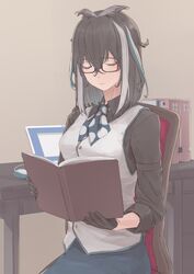  animare atsushima black_gloves black_hair black_shirt blue_neckerchief book breasts closed_eyes collared_shirt computer computer_mouse desk female glasses gloves hair_between_eyes holding holding_book laptop medium_breasts medium_hair multicolored_hair nanashi_inc. neckerchief on_chair oura_rukako oura_rukako_(1st_costume) polka_dot_neckerchief semi-rimless_eyewear shirt sitting sleeves_past_elbows sleeves_rolled_up solo streaked_hair vest virtual_youtuber white_hair white_vest 