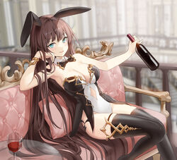  alcohol animal_ears armpits bare_arms bare_shoulders black_thighhighs blue_eyes blurry bottle bow bowtie bracelet breasts brown_hair cheek_rest cleavage clothing_cutout couch cup cutout_above_navel depth_of_field detached_collar drinking_glass duplicate female hair_flowing_over highres holding holding_bottle indoors jewelry large_breasts leotard long_hair looking_at_viewer on_couch original outstretched_arm parted_lips pixel-perfect_duplicate playboy_bunny rabbit_ears ronopu sitting smile solo stomach_cutout strapless strapless_leotard thighhighs thighs two-tone_leotard very_long_hair white_leotard wine_bottle wine_glass 