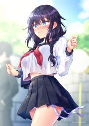  bad_id bad_pixiv_id bag black_hair black_skirt blue_eyes blurry blush braid breasts cowboy_shot crop_top crop_top_overhang day depth_of_field female hair_over_shoulder high-waist_skirt large_breasts long_hair long_sleeves low_twintails midriff midriff_peek miniskirt neckerchief nose_blush original outdoors panties panty_straps peeping pleated_skirt sailor_collar school_bag school_uniform serafuku shirt side-tie side-tie_panties skirt smile solo standing tetsu_tissue thighs twin_braids twintails underwear untied_panties wardrobe_malfunction wavy_mouth white_shirt 