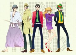  4boys aged_down arsene_lupin_iii bad_id bad_pixiv_id black_hair black_jacket black_necktie brown_hair coat fedora female formal green_necktie hat high_heels ishikawa_goemon_xiii jacket japanese_clothes jigen_daisuke legs long_hair looking_at_viewer lupin_iii mine_fujiko miniskirt multiple_boys necktie one_eye_closed pencil_skirt purple_skirt red_jacket shin&#039;ya_(midnight_rain) shoes short_hair sideburns simple_background skirt skirt_suit striped striped_necktie suit trench_coat yellow_necktie zenigata_kouichi 