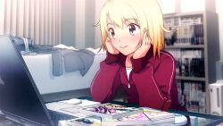  blonde_hair blush brown_eyes commentary_request computer female freckles hair_down head_rest idolmaster idolmaster_dearly_stars indoors laptop messy riyo_(riyontoko) smile solo suzuki_ayane track_suit 