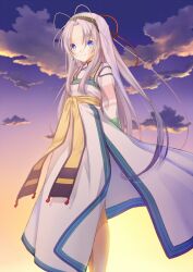  antenna_hair bad_id bad_pixiv_id blue_eyes cloud female highres japanese_clothes light_purple_hair long_hair mamotte_shugogetten! nana_mikoto shugogetten_shaolin sky smile solo sunset 