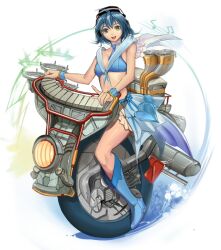  aqua_skirt bad_id bad_pixiv_id bikini bikini_top_only blue_bikini blue_hair boots female green_eyes ground_vehicle hands hat miniskirt motorized_unicycle musical_note original pointing riding science_fiction shijima_(tanfn) simple_background skirt solo swimsuit unicycle 