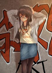  blue_skirt brown_eyes brown_hair commentary_request denim denim_skirt female glasses hood hood_up hoodie md5_mismatch miniskirt open_clothes open_hoodie original pantyhose pencil_skirt skirt solo yoo_(tabi_no_shiori) 