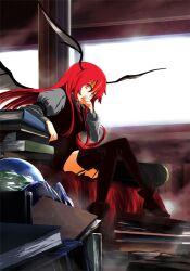  bat_wings black_thighhighs book commentary_request female fingernails garter_straps head_wings high_heels koakuma lefthand long_hair looking_at_viewer nail_polish red_eyes red_hair shoes sitting solo thighhighs touhou wings 