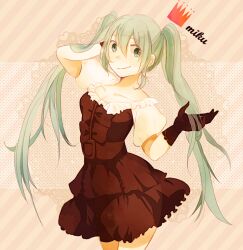  bad_id bad_pixiv_id dress female gloves green_eyes green_hair hatsune_miku long_hair smile solo twintails very_long_hair vocaloid xxxceller 