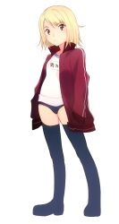  blonde_hair brown_eyes buruma commentary_request female freckles gym_uniform hair_down hands_in_pockets idolmaster idolmaster_dearly_stars jacket red_eyes riyo_(riyontoko) solo suzuki_ayane track_suit 