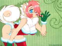  2010 abstract_background anthro blue_eyes breasts candy candy_cane canid canine canis chest_tuft christmas cleavage clothed clothing dessert domestic_dog female food fur gloves hair handwear holidays legwear mammal nim-nim pink_hair pinup pose simple_background solo star stockings suggestive tuft 