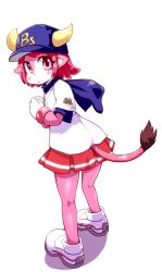  baseball_cap baseball_jersey buffalo_bell clothes_writing commentary_request cow_girl cow_horns female gloves hat highres horns jersey kaname_nagi mascot miniskirt nippon_professional_baseball orix_buffaloes photoshop_(medium) pink_eyes pink_hair pink_skirt pink_theme pleated_skirt red_eyes short_hair simple_background skirt solo striped_clothes striped_skirt tail 