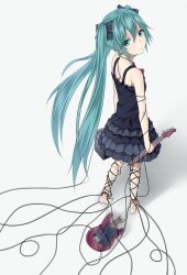  anklet aqua_eyes aqua_hair bad_id bad_pixiv_id barefoot black_dress broken broken_guitar cable dress electric_guitar female frilled_dress frills from_behind full_body guitar hatsune_miku heisei_yutorin instrument jewelry kneepits long_hair looking_at_viewer looking_back nail_polish simple_background solo standing tears toenail_polish toenails twintails very_long_hair vocaloid white_background 