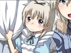  2girls aged_down aurora_e._juutilainen blonde_hair commentary_request dress eila_ilmatar_juutilainen lowres multiple_girls purple_eyes siblings sisters strike_witches strike_witches:_aurora_no_majo tabigarasu world_witches_series 