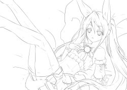  animal_ears bad_id bed elin female garter_straps greyscale legs_up monochrome photoshop_(medium) solo tera_online twintails 