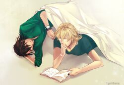  2boys aldsk bad_id bad_pixiv_id barnaby_brooks_jr. blanket blonde_hair bracelet brown_eyes brown_hair facial_hair glasses green_eyes jewelry kaburagi_t._kotetsu male_focus multiple_boys necklace photoshop_(medium) reading ring ruffling_hair shirt short_hair stubble t-shirt tiger_&amp;_bunny watch wristwatch 