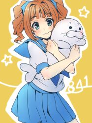  :3 blue_eyes blush brown_hair courreges_ace female hugging_doll hugging_object idolmaster idolmaster_(classic) looking_at_viewer photoshop_(medium) school_uniform seal_(animal) solo star_(symbol) stuffed_animal stuffed_seal stuffed_toy takatsuki_yayoi twintails 